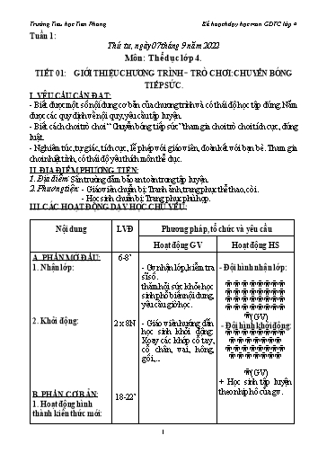 Kế hoạch dạy học Giáo dục thể chất Lớp 4 - Học kì 1 - Năm học 2022-2023 - Trường Tiểu học Tiên Phong