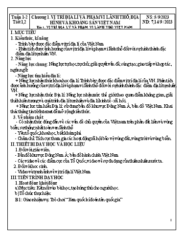 Kế hoạch bài dạy Lịch sử và Địa lí Lớp 8 (Phần Địa lí) Sách KNTT - Năm học 2023-2024 - Trường THCS Quang Trung