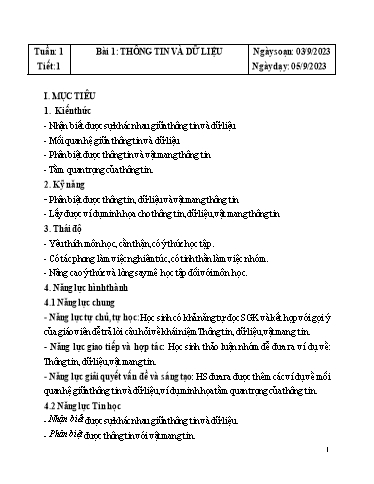 Kế hoạch bài dạy Tin học 6 Sách KNTT - Năm học 2023-2024 - Trường THCS Quang Trung