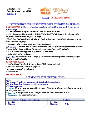 Giáo án Tiếng Anh 7 Global Success - Năm học 2022-2023