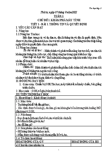 Giáo án Tin học 3 Sách KNTT - Học kì 1 - Năm học 2022-2023 - Trường Tiểu học Tiên Phong