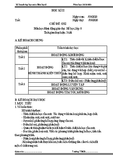 Kế hoạch bài dạy Hóa học 8 - Học kì 2 - Năm học 2020-2021