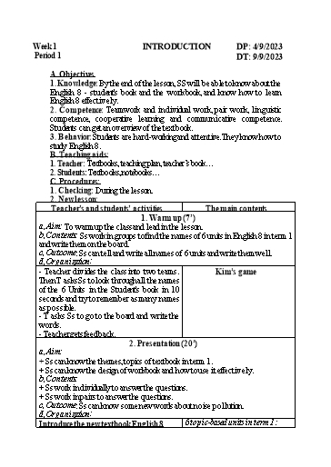 Kế hoạch bài dạy Tiếng Anh 8 Global Success - Năm học 2023-2024 - Trường TH & THCS Phước Lộc