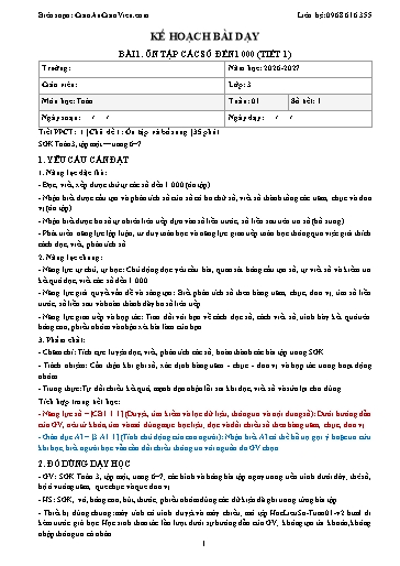 Kế hoạch bài dạy môn Toán lớp 3 kỳ 1 2026-2027 tích hợp năng lực số và trí tuệ nhân tạo (AI)